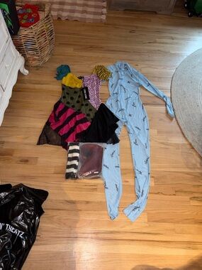 Dolls Kill Multicolor Patchwork Dress with Blue Printed Jumpsuit